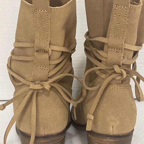 TOMS Ankle Boots Women's 7.5 Tan Suede Block Heel Wrap Lace Booties Casual Fall - Picture 10 of 13